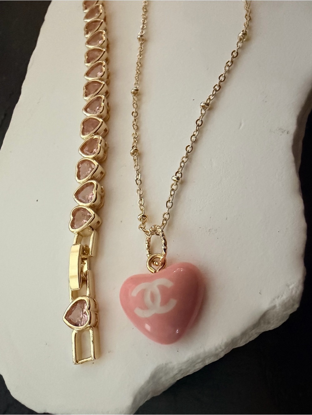 💕Heart Pendant Necklace with Gold Chain and Bracelet